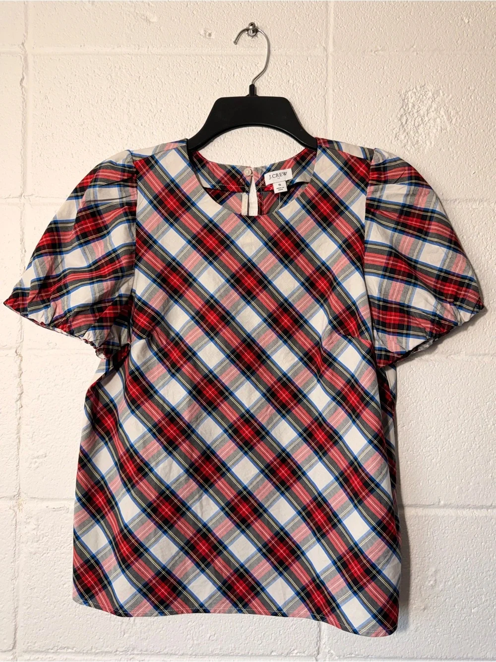 J. Crew Red, White and Blue Plaid Puff Sleeve Blouse